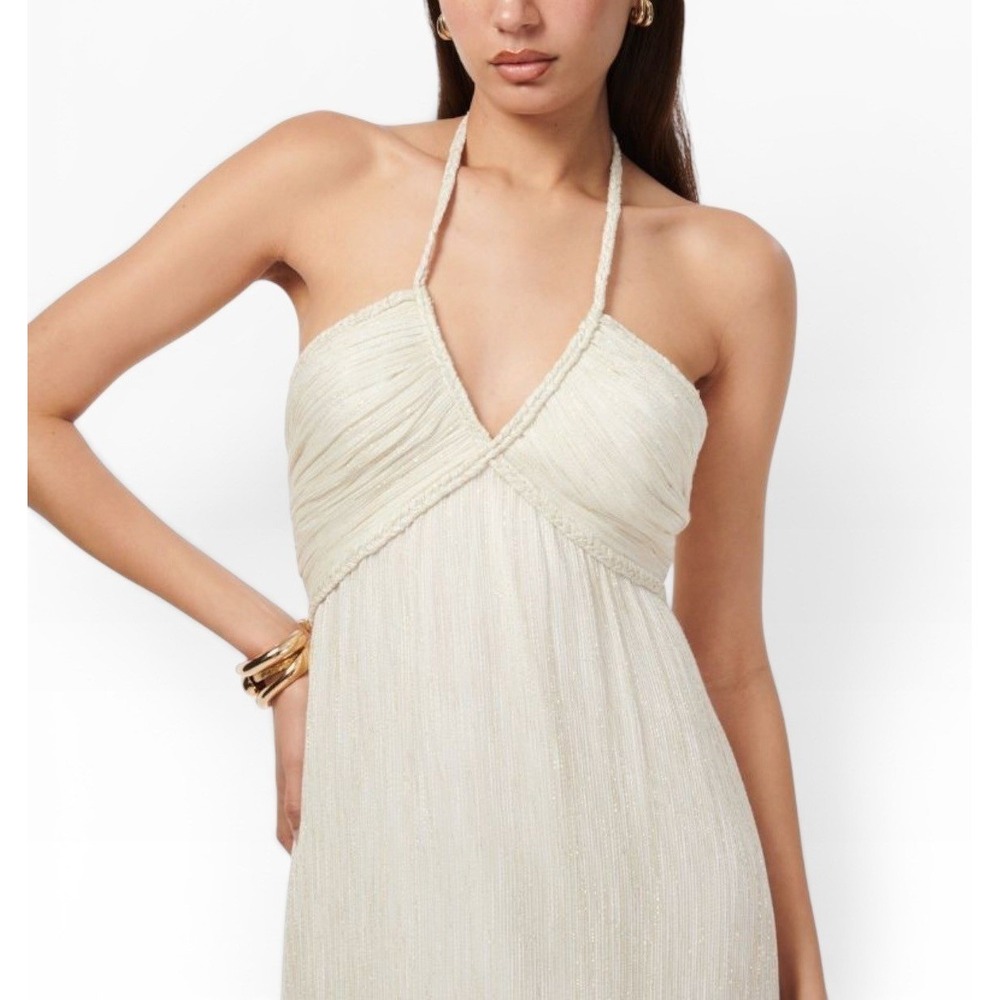 CAMI NYC Sonoma Dress White Gold Metallic Chiffon Braided Halter Midi $465 Sz 8